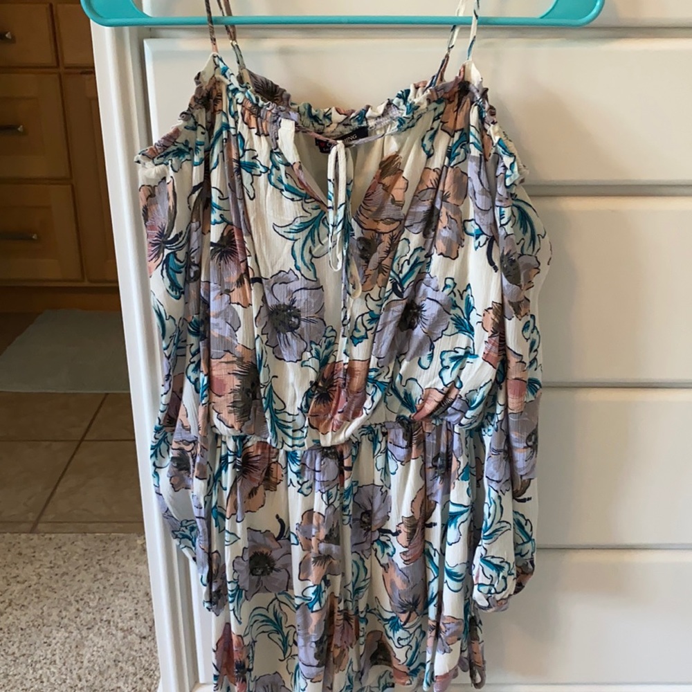 floral open shoulder romper